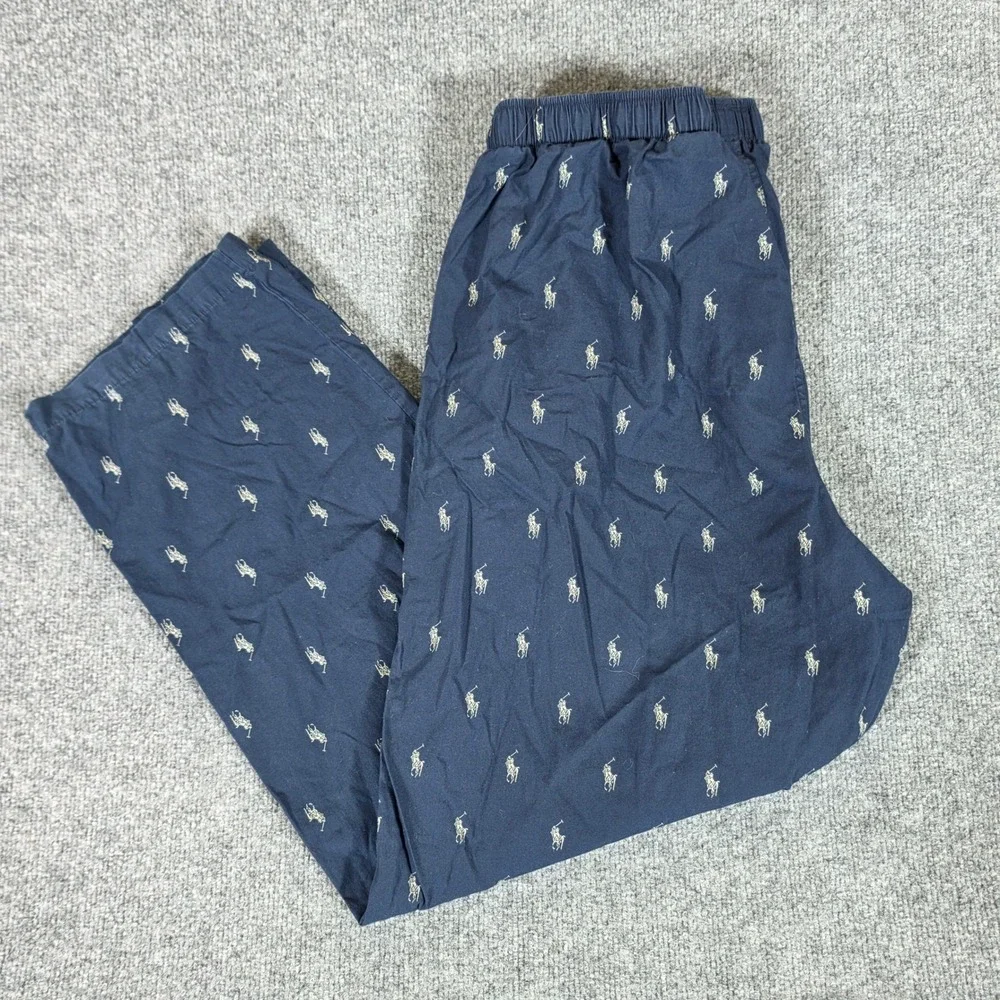 Polo Ralph Lauren Mens XL Navy Blue All Over Pony Logo Print Pajama Pants Cotton